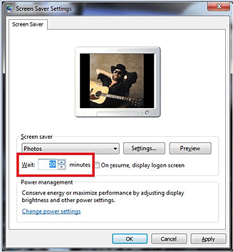 Windows 7 Personalization, Screen Saver Settings, Timing
